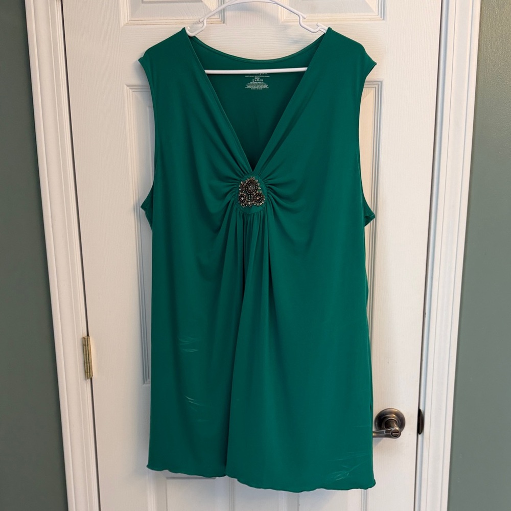 Lane Bryant Teal Sleeveless V-Neck Tank with Central Jewel Accent